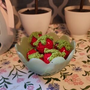 Handcrafted Red and Green Crochet Strawberries.